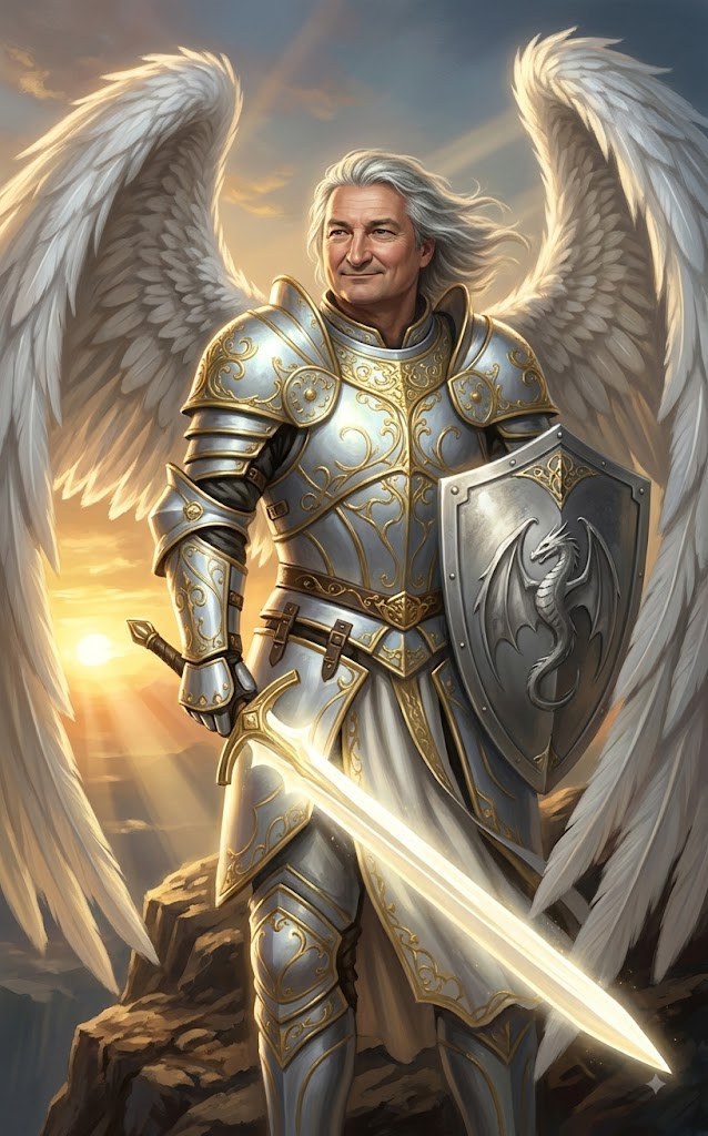 Paladyn w lśniącej zbroi ze skrzydłami, świetlistym mieczem i tarczą z godłem smoka, na skale w blasku wschodzącego słońca